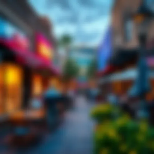 A vibrant scene of people enjoying shopping and dining at The Row in Reno, with colorful storefronts and outdoor seating.