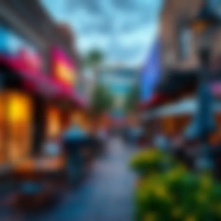 A vibrant scene of people enjoying shopping and dining at The Row in Reno, with colorful storefronts and outdoor seating.