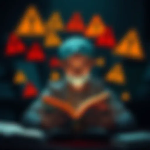 Research Caution A person carefully reading a book surrounded by warning signs and caution symbols to represent careful research practices.