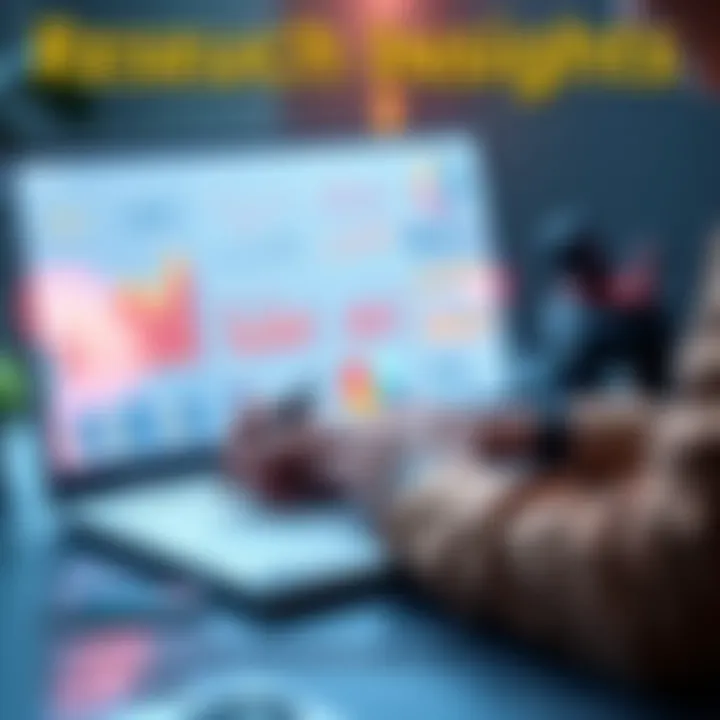 Research Insights A person analyzing data charts and graphs on a laptop while taking notes.