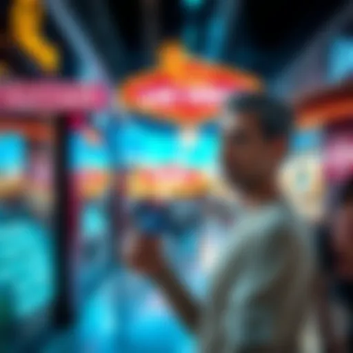 A shopper looking confused while holding a resort credit card in front of a store in Las Vegas