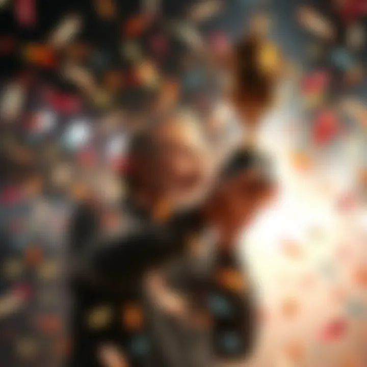 A person joyfully celebrating their retirement from betting with a trophy in hand, surrounded by confetti and a bright background, symbolizing a new beginning.