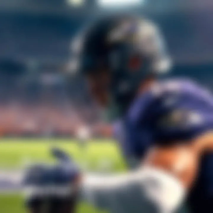 A football player in Ravens gear looking determined and ready to play on the field