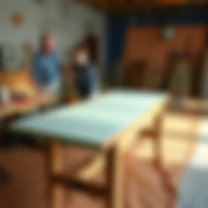 A large wooden table being painted and covered with felt, showing signs of restoration and creativity.