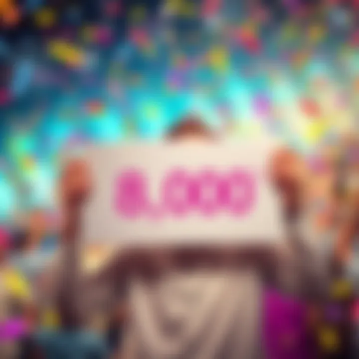 A person holding a sign with their name, celebrating reaching 8,000 followers, with a joyful expression and colorful confetti falling around them.