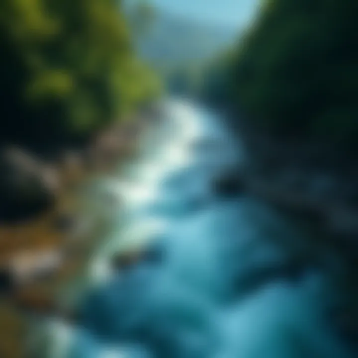 A river flowing through a green landscape with trees on both sides, illustrating the importance of water in the environment.
