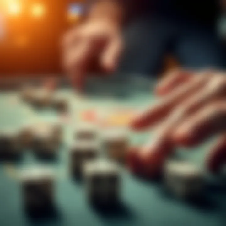 A close-up of hands rolling dice on a table, representing betting strategies.