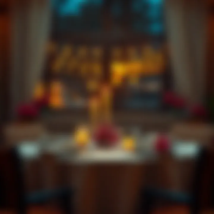 A cozy candlelit dinner table set for two, with flowers and soft lighting, creating a romantic atmosphere.