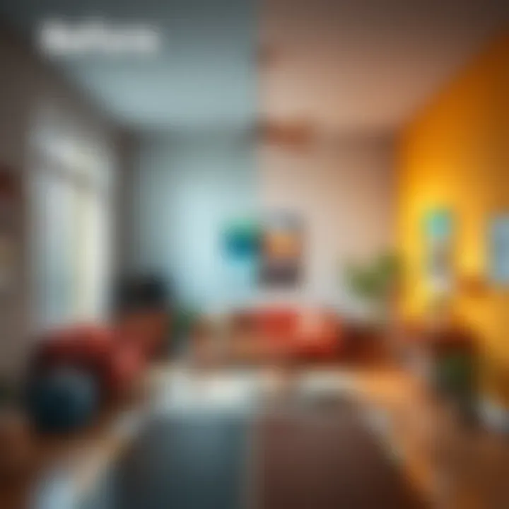 A room transformed from cluttered to spacious with modern decor and bright colors.