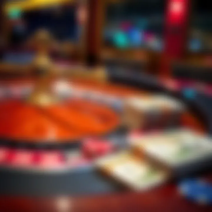 A roulette table with colorful chips and a stack of cash representing winnings