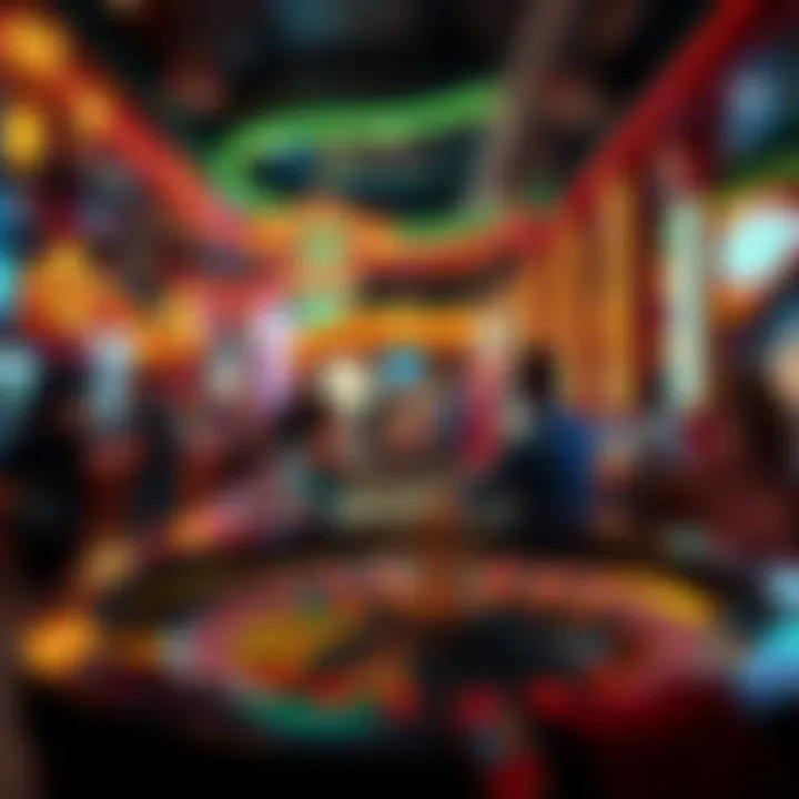 A bustling roulette table with players eagerly placing bets in Las Vegas, neon lights shining in the background