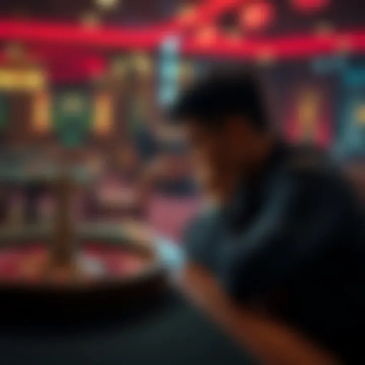 Individual sitting at a table, looking pensively at a roulette wheel, representing the struggle with gambling temptation after a break