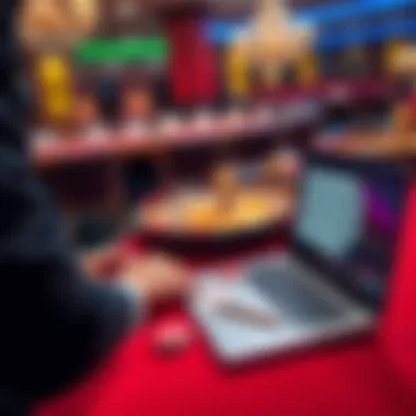 A person at a casino table presenting a roulette strategy with chips and a demo account on a laptop, showing potential winnings.