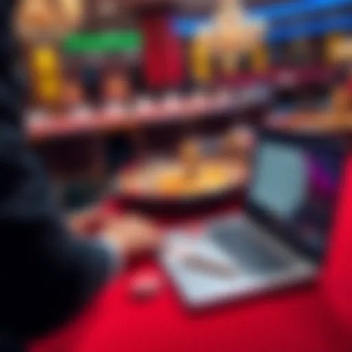 A person at a casino table presenting a roulette strategy with chips and a demo account on a laptop, showing potential winnings.