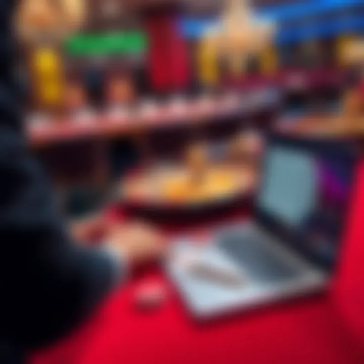 Roulette Strategy Presentation A person at a casino table presenting a roulette strategy with chips and a demo account on a laptop, showing potential winnings.