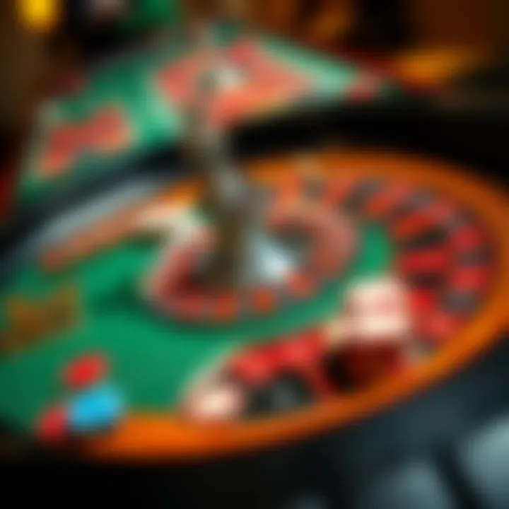 A standard roulette table with green felt, a spinning wheel, and colorful chips placed on it.