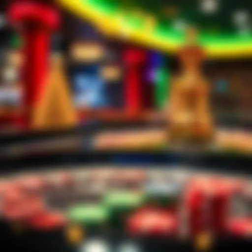 A close-up of a casino roulette table with colorful chips placed on it, showing potential winnings as players focus on the game.