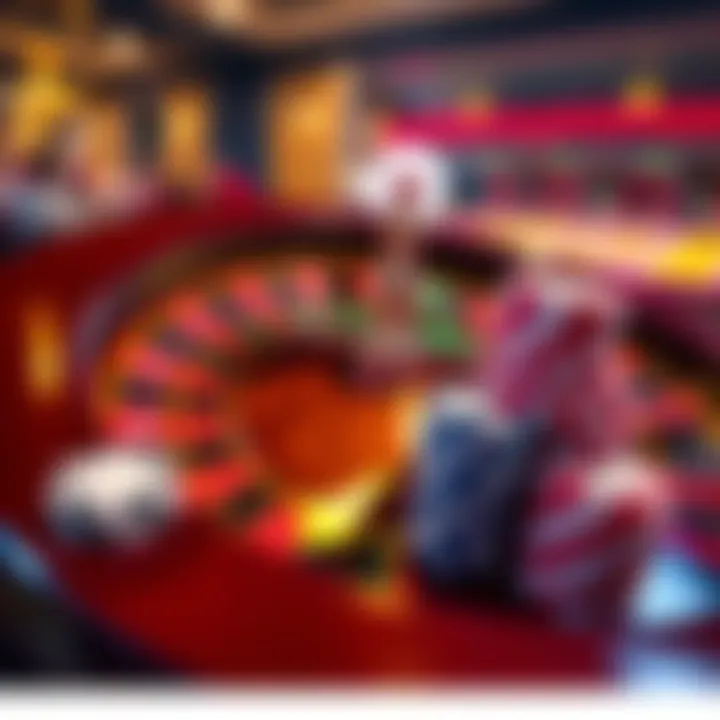 A roulette wheel showing winning numbers and chips stacked, symbolizing a big win in a casino setting.