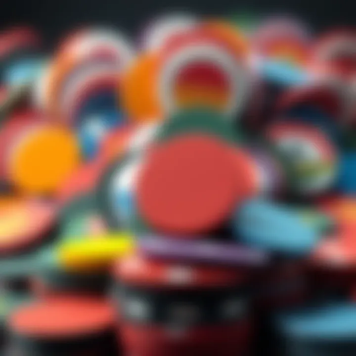 A display of various round cards showing different colors and designs stacked together