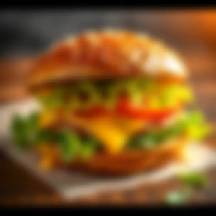 A close-up of a Royale com Queijo sandwich with melted cheese, lettuce, and a sesame seed bun, placed on a wooden table