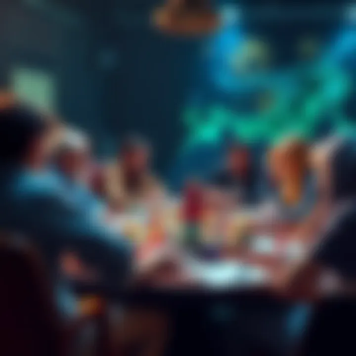 A group of players seated around a table, engaged in a role-playing game, with colorful dice and character sheets in front of them.