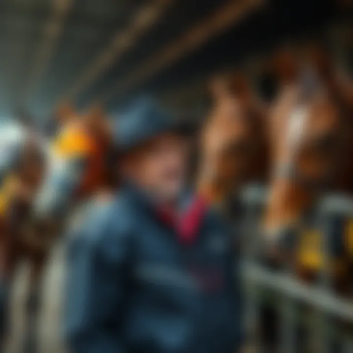 Trainer Rudy Rodriguez standing next to racehorses in a stable, looking concerned about their health.
