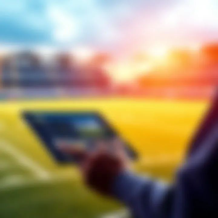 A person analyzing rugby betting odds on a tablet with a football field in the background