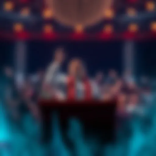 Saddiq standing at a podium, speaking energetically to a crowd, with people reacting in shock and excitement.