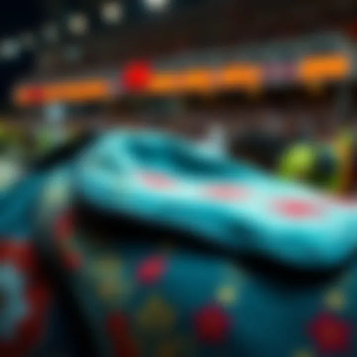 A close-up of a saddle cloth that belonged to the French horse Luazur, showcasing its unique fabric and design, with a backdrop of a racing event in Japan.