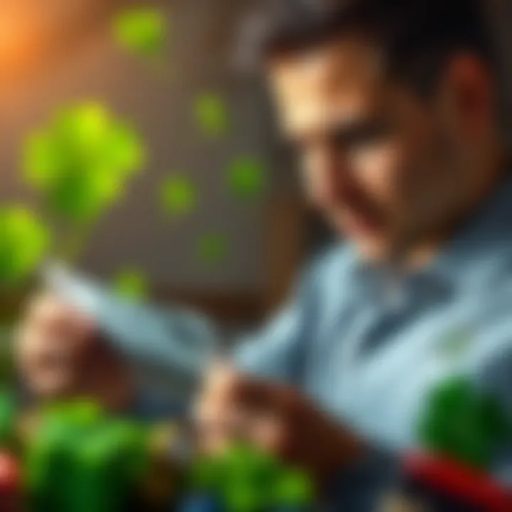 A person examining a betting slip with a confident expression, surrounded by symbols of luck and strategy such as a four-leaf clover and dice.