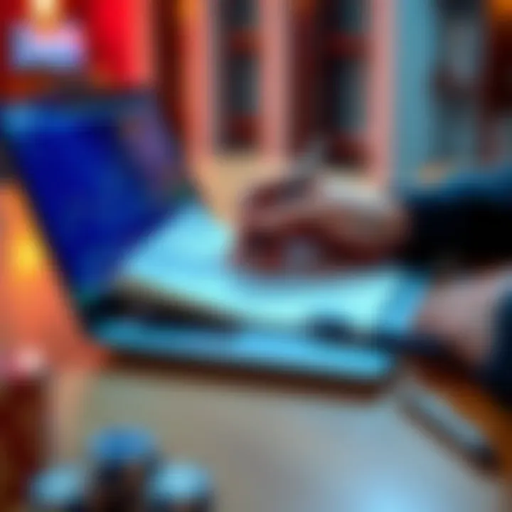 A person reviewing betting strategies on a laptop with a notebook and pen, focusing on safe gambling practices.