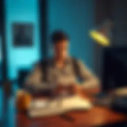 A person sitting at a desk with a thoughtful expression, weighing options on a notepad, surrounded by decision-making tools.
