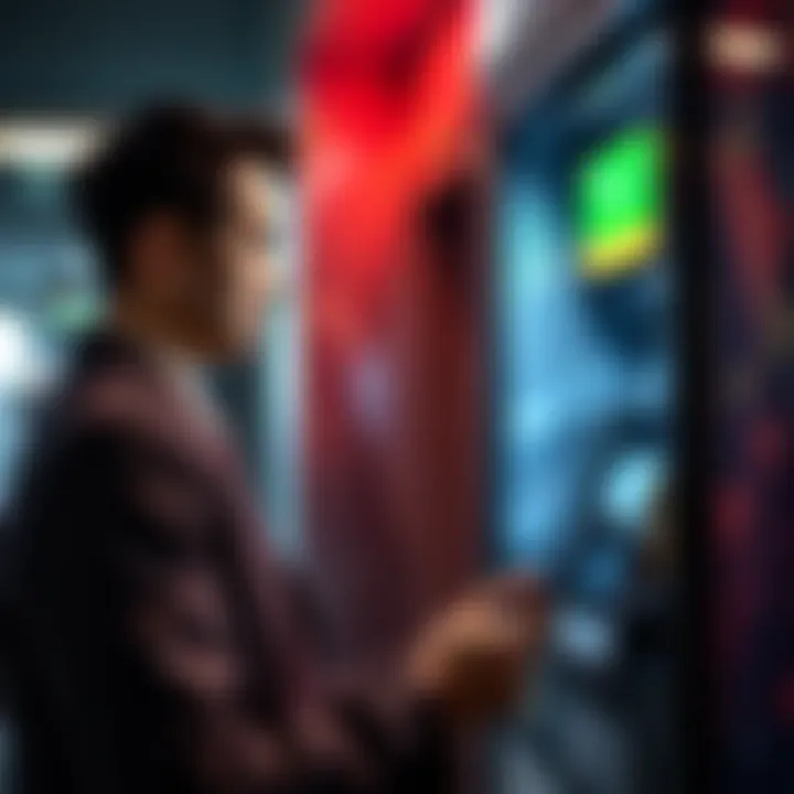 A person using an ATM while checking their phone for security tips, looking focused and careful.