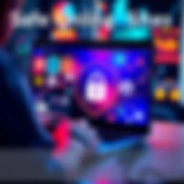 A person checking a secure online gaming site on a laptop, with gaming icons and a padlock symbol on the screen.