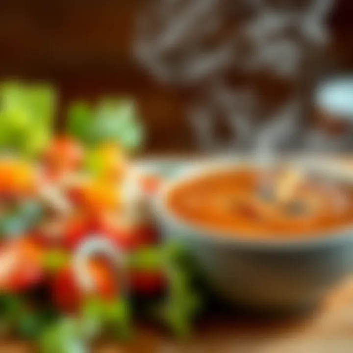 A vibrant salad made of fresh vegetables next to a steaming bowl of cooked soup, highlighting the contrast between raw and cooked food options.