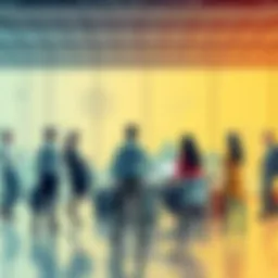 An illustration showing various salespeople interacting with clients in a modern office setting, showcasing current market trends.