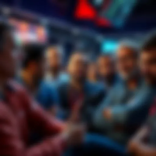 A group of people discussing bets on Sam and Jamal, showing varied expressions of interest and skepticism, set in a lively forum atmosphere.