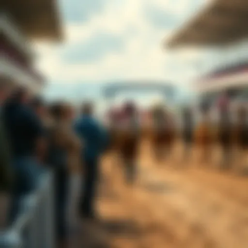 A crowded horse racing track with spectators discussing among themselves, some looking concerned about recent betting outcomes, while horses race in the background.