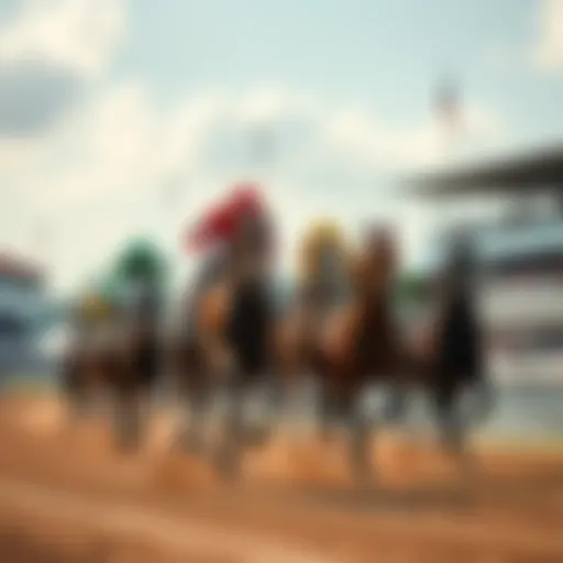 A group of thoroughbred horses racing at the Saratoga track, with jockeys focused and crowds cheering