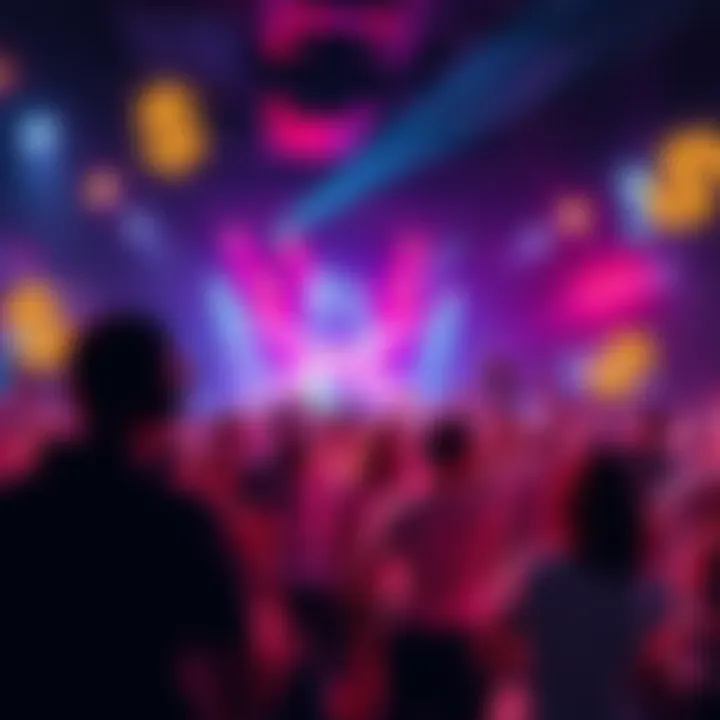 A vibrant scene from a Saturday morning show featuring people enjoying music and entertainment, with dollar signs symbolizing financial success in the background.