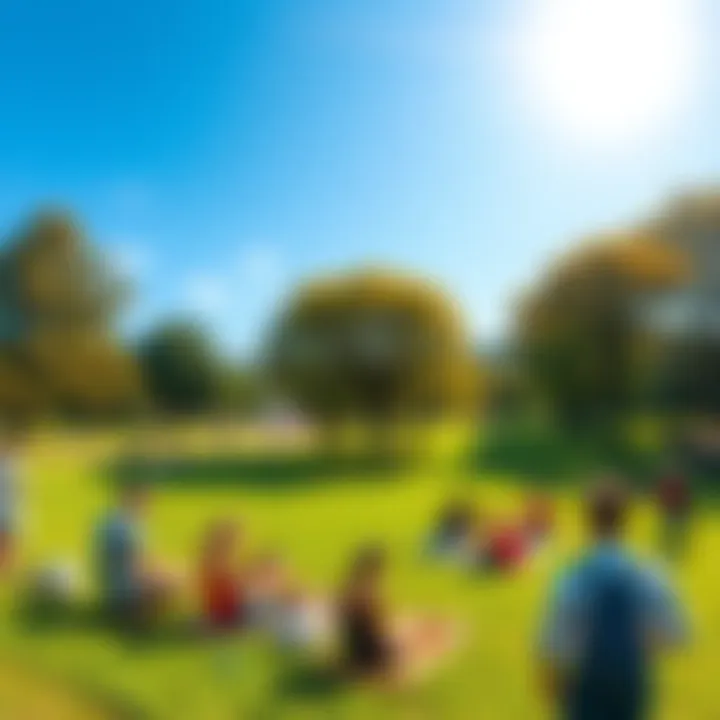A sunny park with people enjoying various activities like picnicking, playing games, and relaxing outdoors