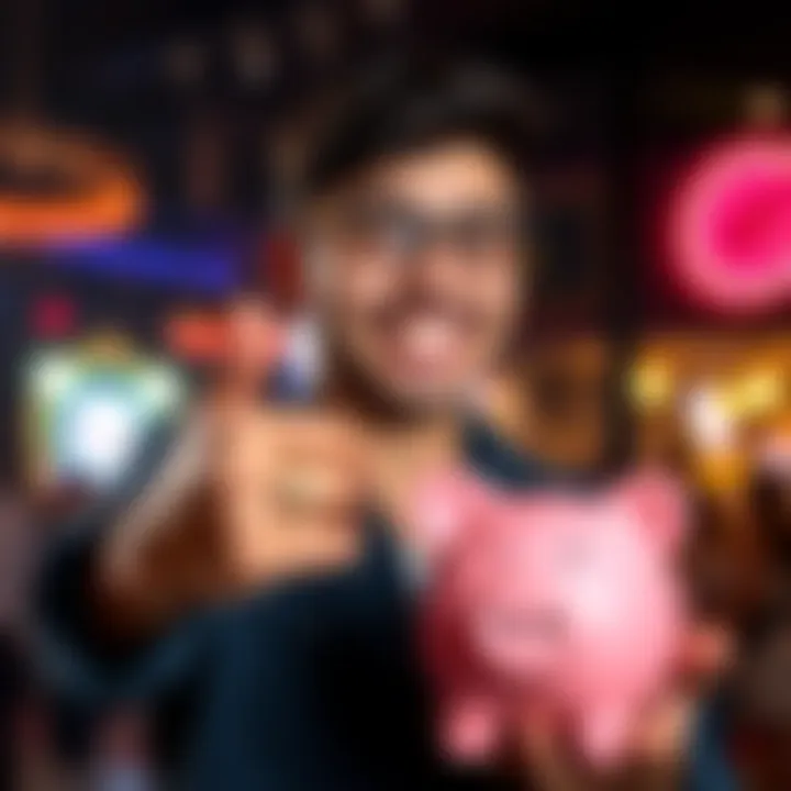 A person smiling while holding a piggy bank, showing their success in saving money from gambling.