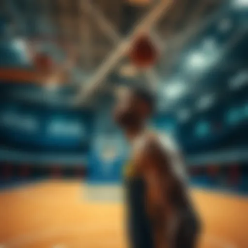 Scott stands in a basketball court, focused and ready to dunk the ball into the hoop, showing determination and excitement.