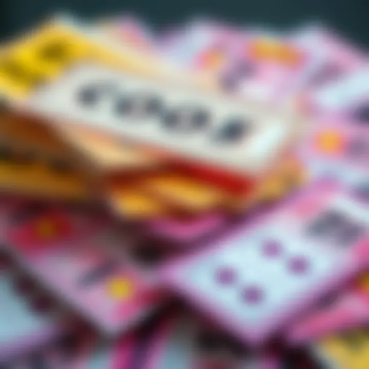 A pile of colorful scratch-off lottery tickets with some revealing hidden prize symbols