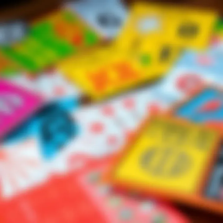 A close-up of various colorful scratch-off lottery tickets spread out on a table, showing different designs and potential prizes.