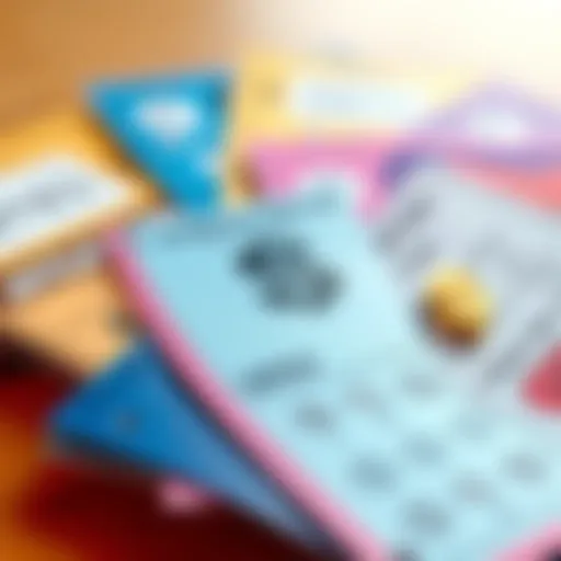 A selection of colorful scratch-off lottery tickets laid out with a dollar sign nearby to symbolize winning.