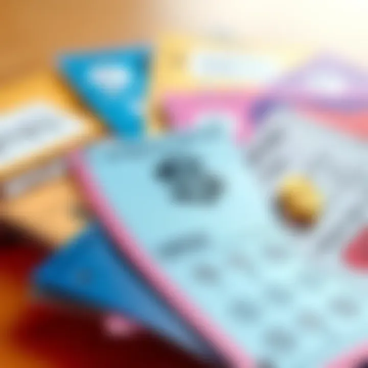 A selection of colorful scratch-off lottery tickets laid out with a dollar sign nearby to symbolize winning.