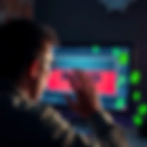 A person looking frustrated at a computer screen showing a blocked account message from Scrooge Casino, with dollar signs around them.