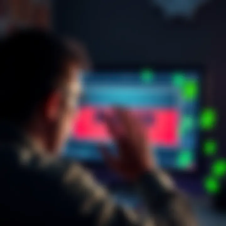 A person looking frustrated at a computer screen showing a blocked account message from Scrooge Casino, with dollar signs around them.