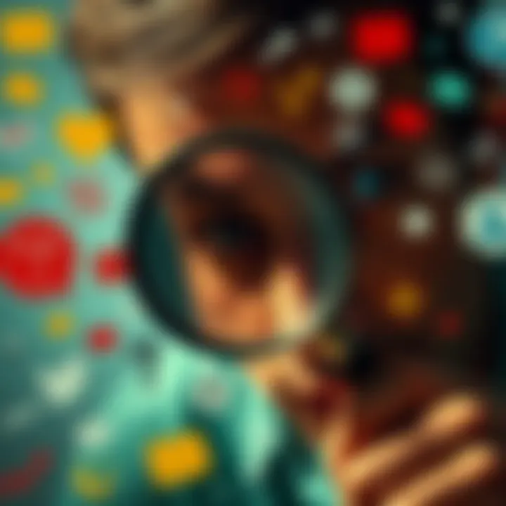 Searching for Truth A person looking through a magnifying glass at various symbols representing truth and opinions